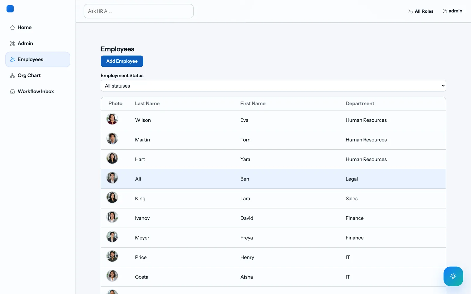 The Muurel employee list, showing a filterable directory of employee records with photo, name, and department columns.