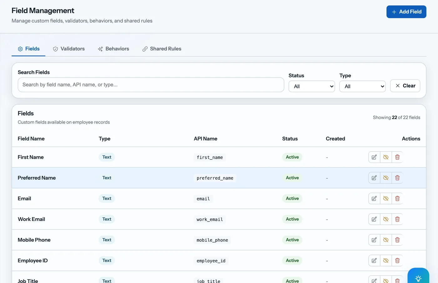 Muurel Field Management, listing custom employee fields with their type, API name, and active status, plus tabs for validators, behaviors, and shared rules.