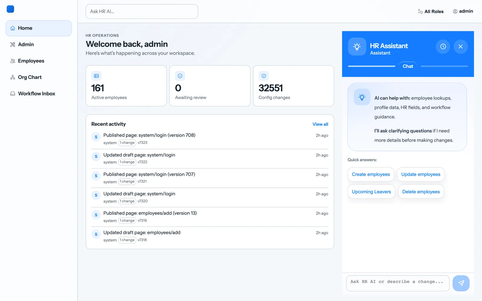 The Muurel operations home screen with the assistant panel open, offering employee lookups, profile data, HR fields, and workflow guidance alongside recent configuration activity.