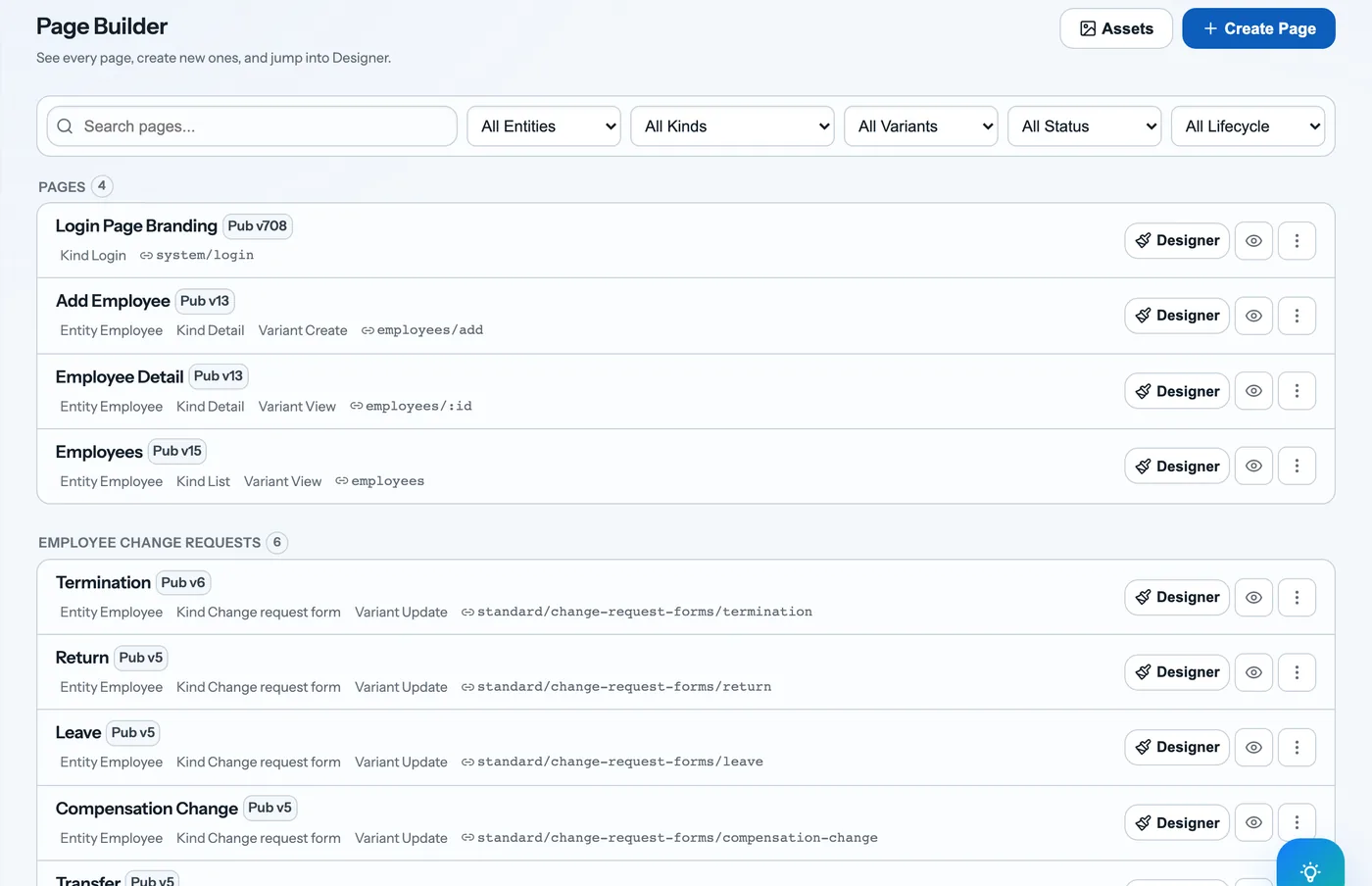 Muurel Page Builder, listing published pages such as Employee Detail and Add Employee alongside standard employee change-request forms for termination, return, leave, compensation change, and transfer.
