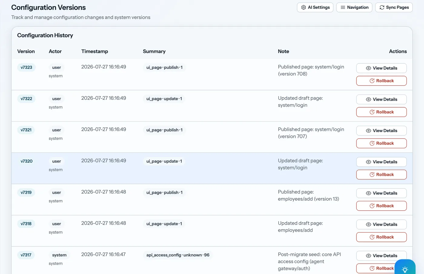 Muurel Configuration Versions, showing a numbered configuration history with actor, timestamp, change summary, note, and a rollback action on every row.
